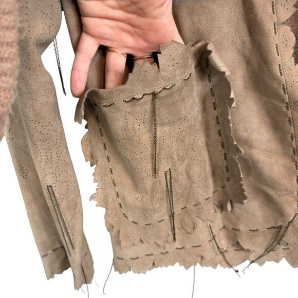 Kerry Grima Suede Leather Handmade Perforated Open Front Jacket Brown Size Small - Picture 4 of 6